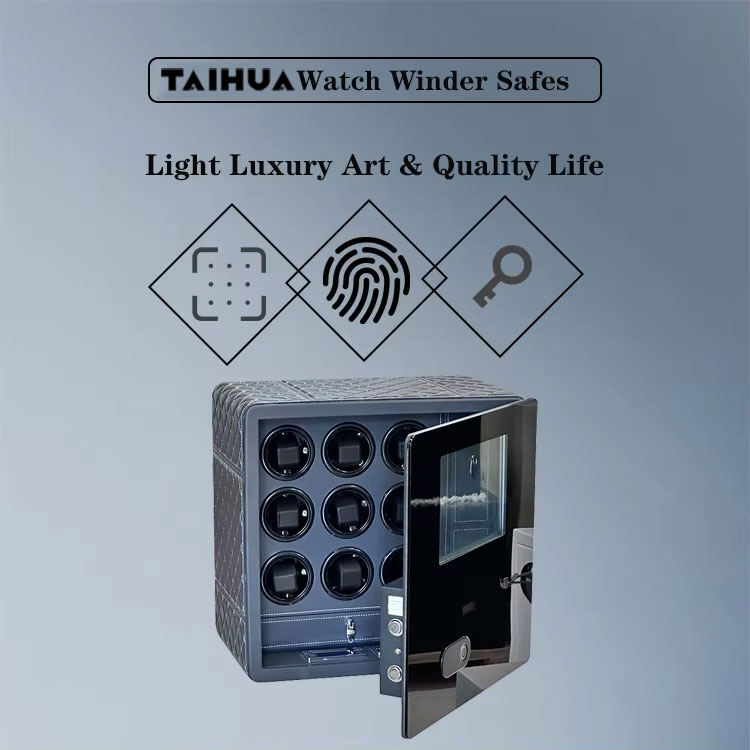 Black Luxury Leather Watch Winder Safe with 9 Slots