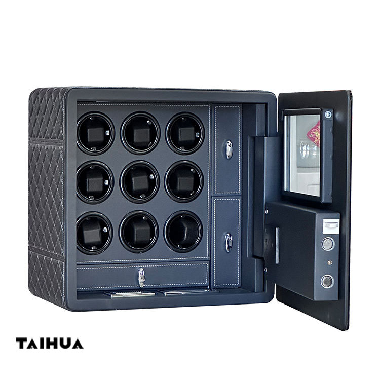 Black Luxury Leather Watch Winder Safe with 9 Slots
