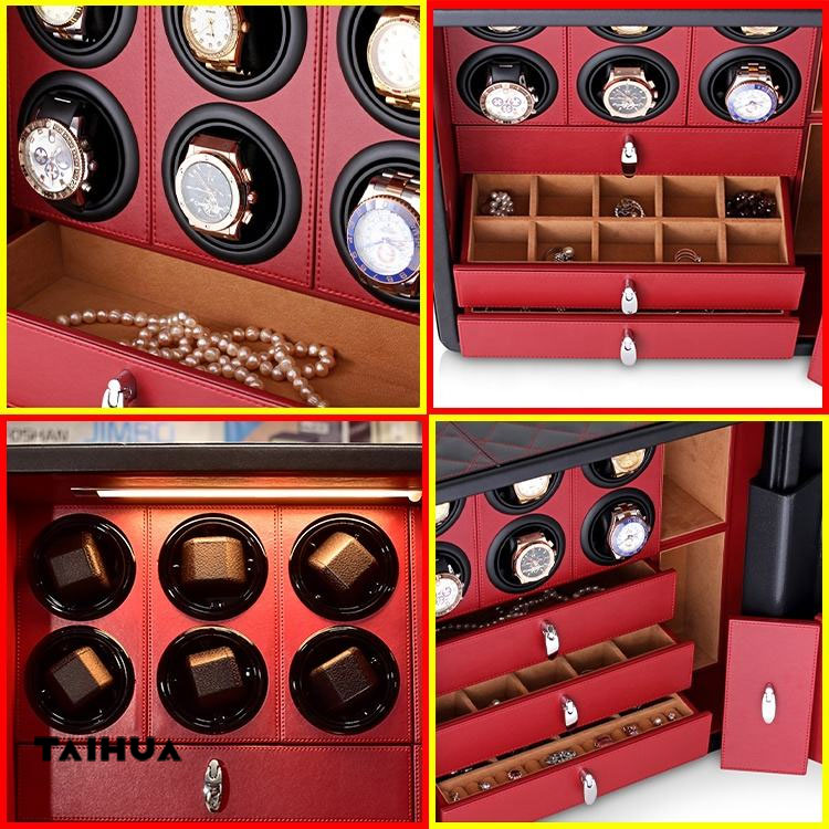 Luxury Leather Watch Winder Safe 6/9/12 Slot with Jewelry Drawer